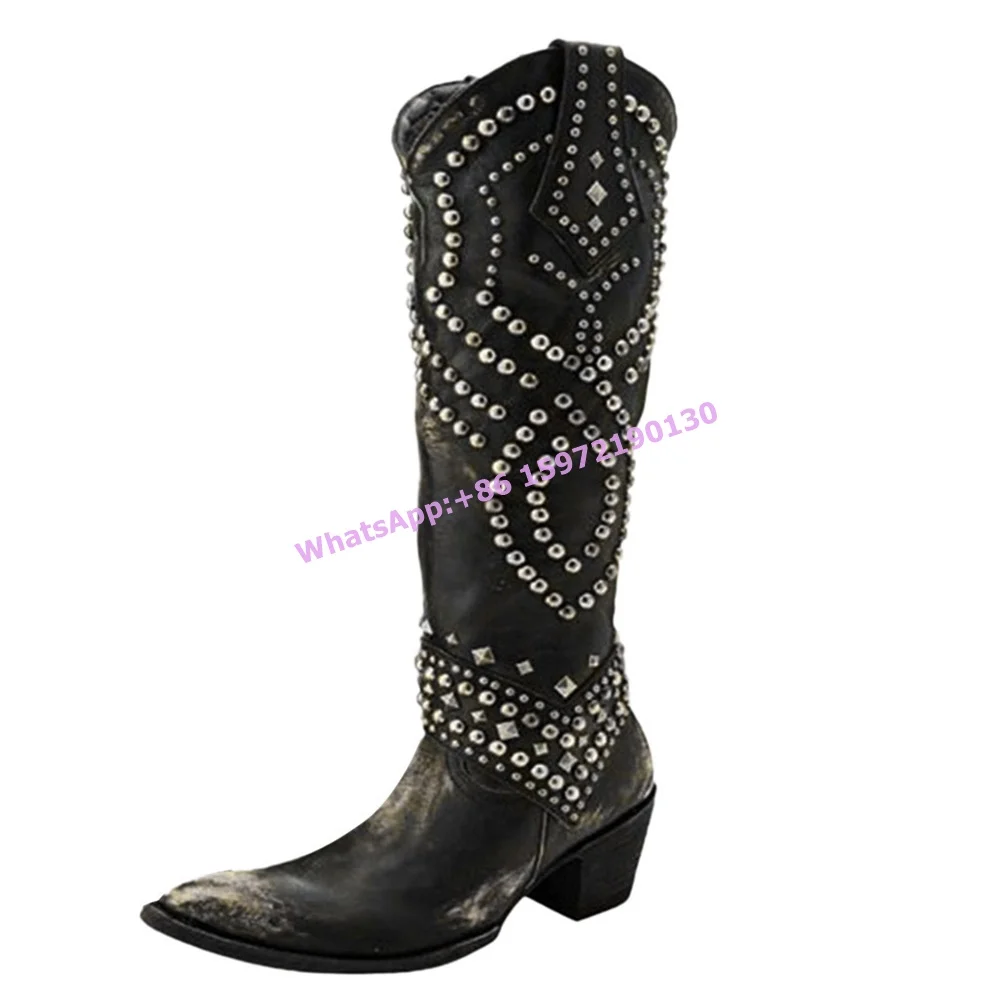 Rivet Knight Boots Cowgirls Round Toe Chunky Heels Zipper Knee High Boots Retro Cowgirls West Style Hotties Distress Boots 2025