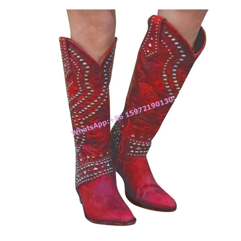 Rivet Knight Boots Cowgirls Round Toe Chunky Heels Zipper Knee High Boots Retro Cowgirls West Style Hotties Distress Boots 2025
