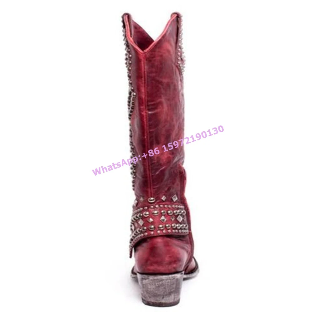 Rivet Knight Boots Cowgirls Round Toe Chunky Heels Zipper Knee High Boots Retro Cowgirls West Style Hotties Distress Boots 2025