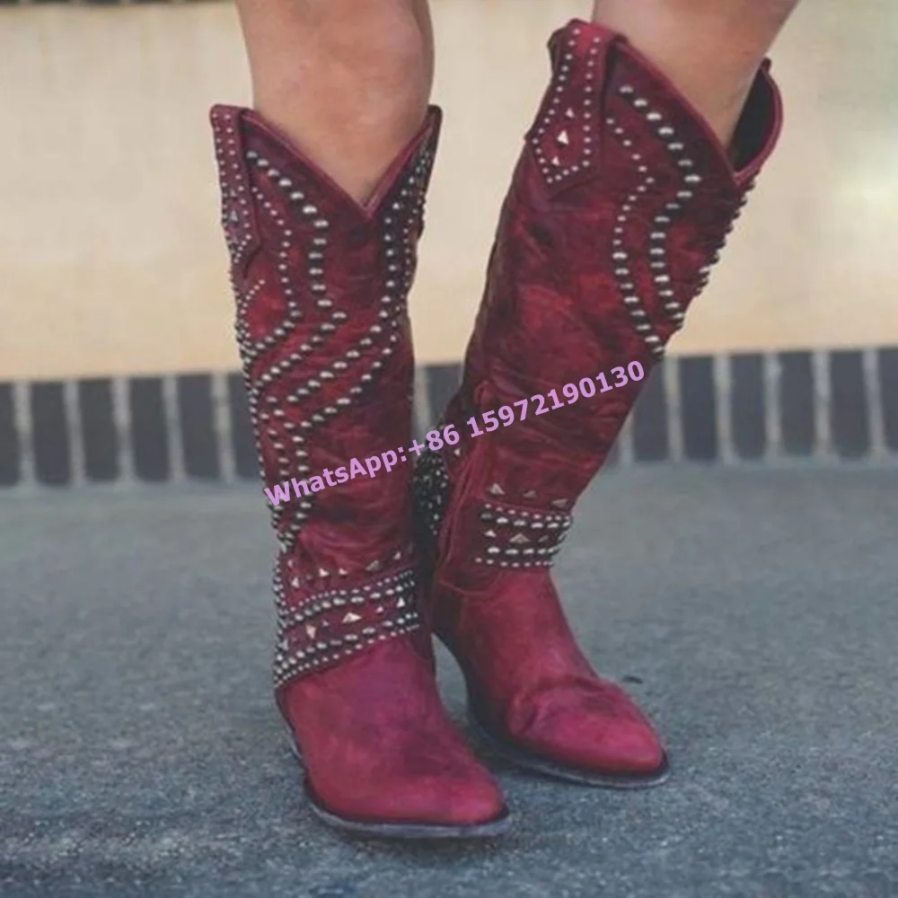 Rivet Knight Boots Cowgirls Round Toe Chunky Heels Zipper Knee High Boots Retro Cowgirls West Style Hotties Distress Boots 2025