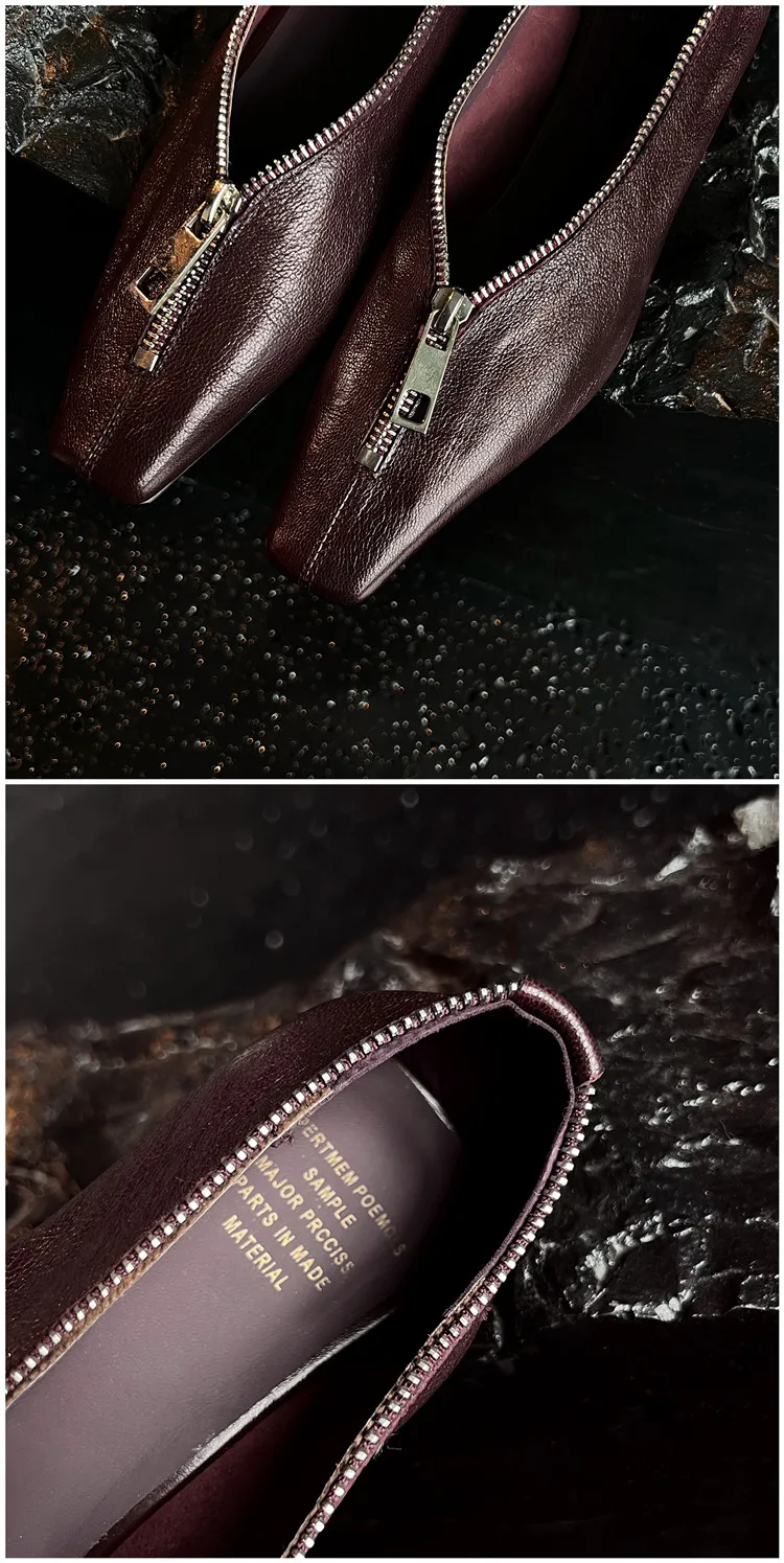 MKKHOU Fashion Pumps New High Quality Genuine Leather Square Head Zipper High Heels Commuter Low Heel Leather Shoes Women