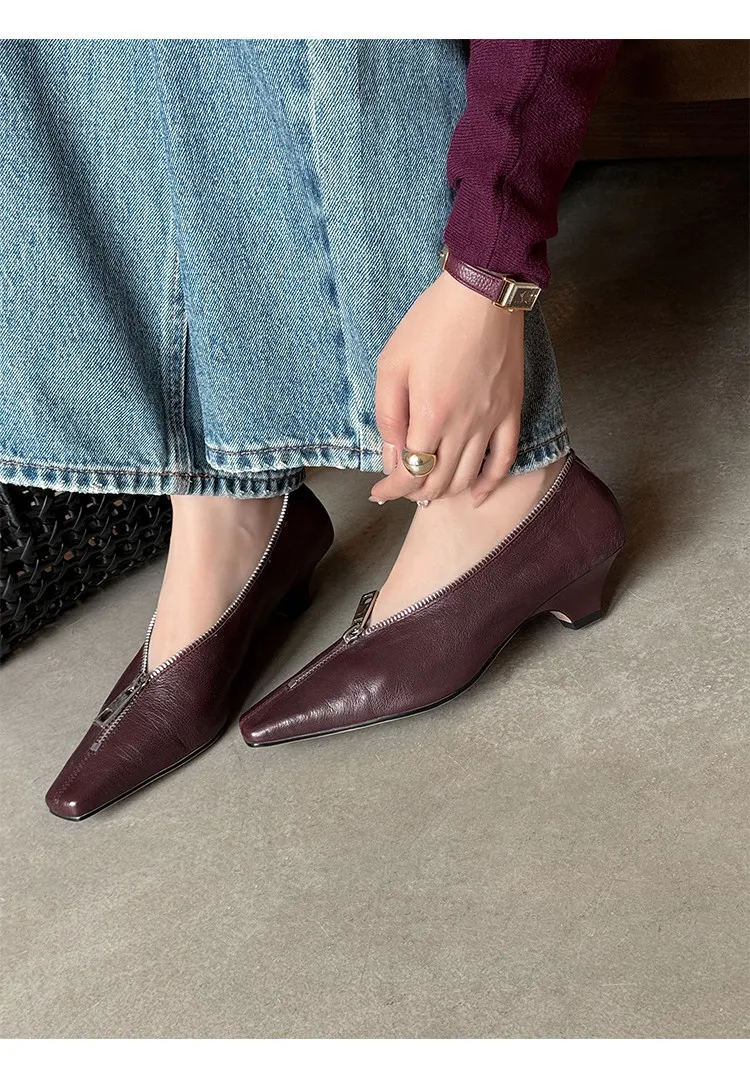 MKKHOU Fashion Pumps New High Quality Genuine Leather Square Head Zipper High Heels Commuter Low Heel Leather Shoes Women