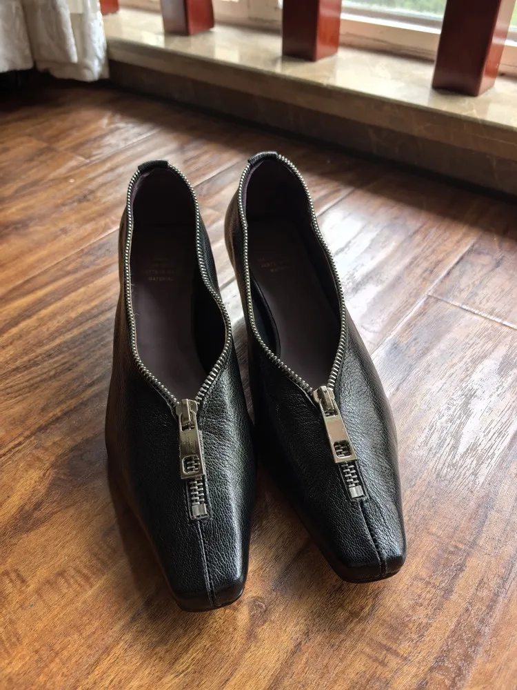 MKKHOU Fashion Pumps New High Quality Genuine Leather Square Head Zipper High Heels Commuter Low Heel Leather Shoes Women