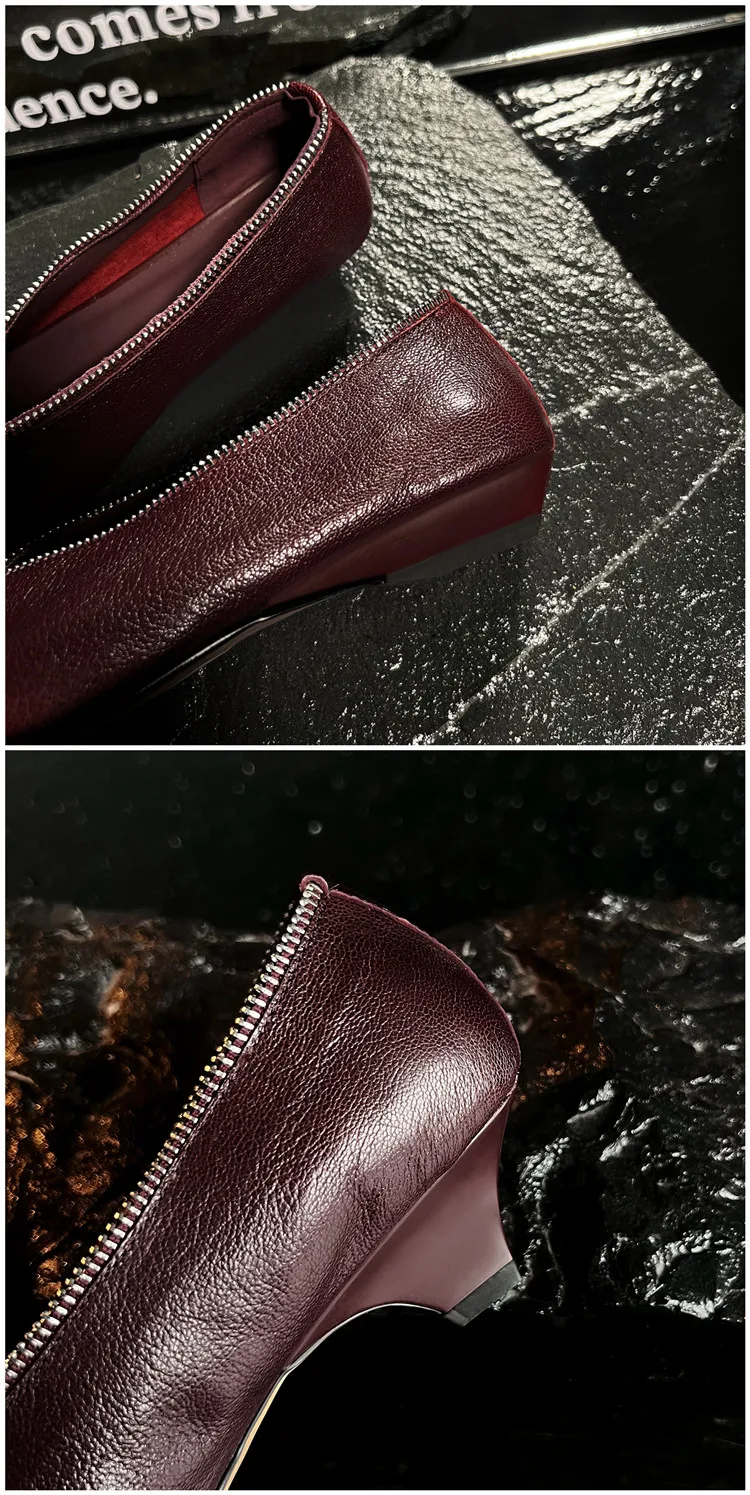 MKKHOU Fashion Pumps New High Quality Genuine Leather Square Head Zipper High Heels Commuter Low Heel Leather Shoes Women