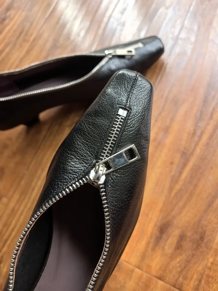 MKKHOU Fashion Pumps New High Quality Genuine Leather Square Head Zipper High Heels Commuter Low Heel Leather Shoes Women