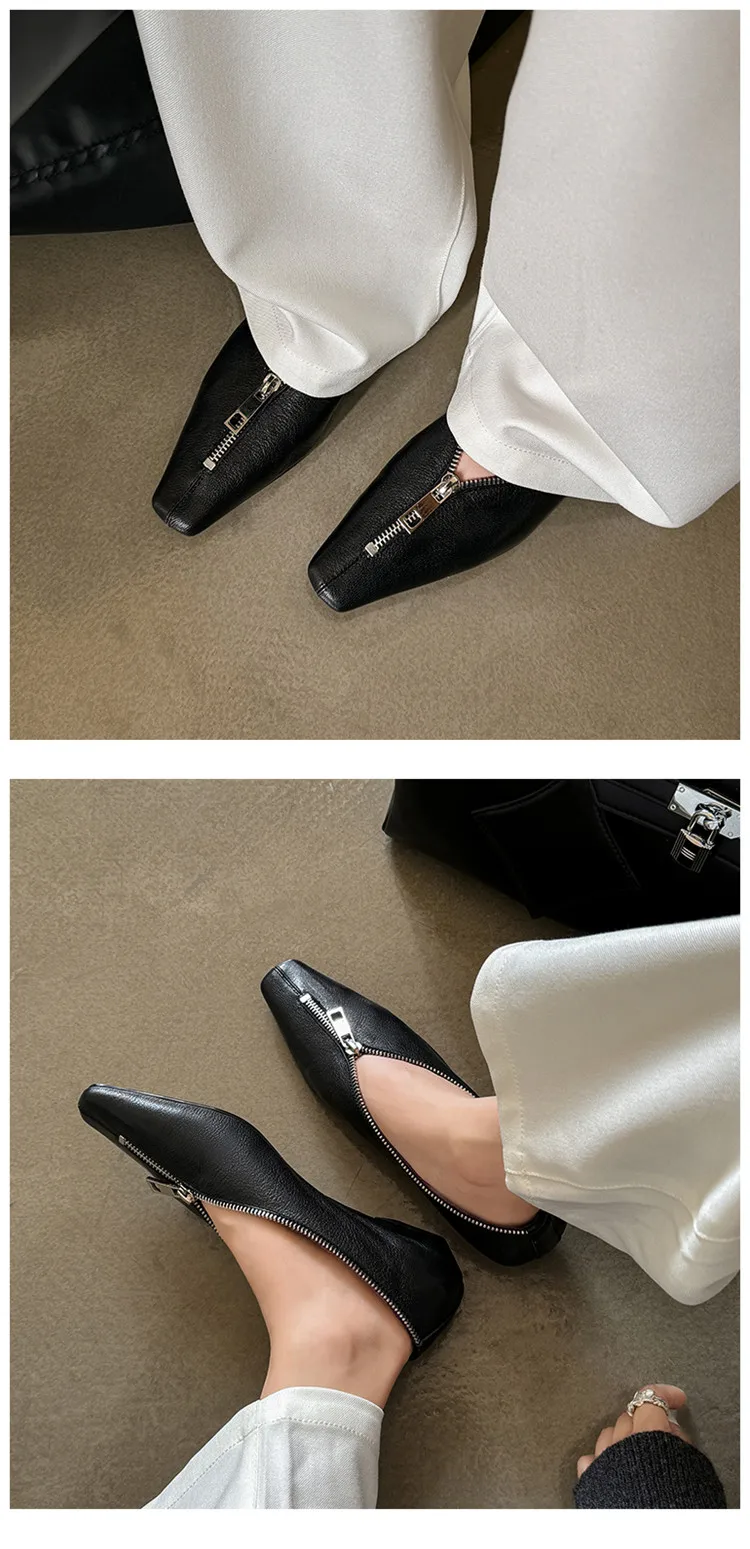 MKKHOU Fashion Pumps New High Quality Genuine Leather Square Head Zipper High Heels Commuter Low Heel Leather Shoes Women