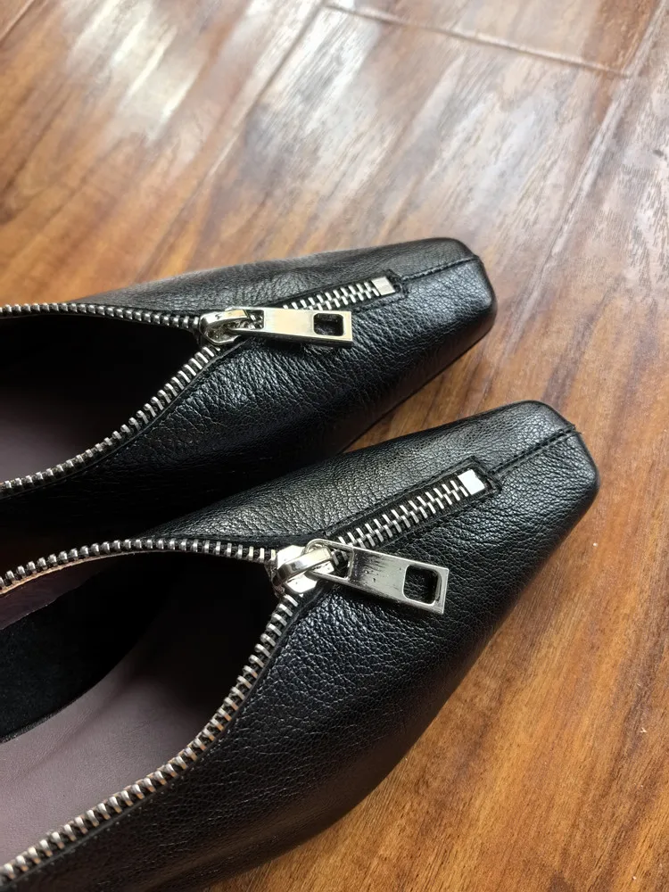 MKKHOU Fashion Pumps New High Quality Genuine Leather Square Head Zipper High Heels Commuter Low Heel Leather Shoes Women