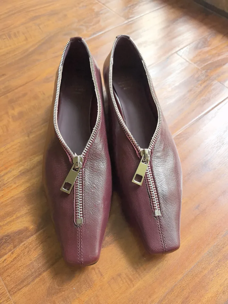 MKKHOU Fashion Pumps New High Quality Genuine Leather Square Head Zipper High Heels Commuter Low Heel Leather Shoes Women