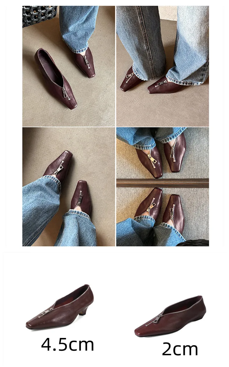 MKKHOU Fashion Pumps New High Quality Genuine Leather Square Head Zipper High Heels Commuter Low Heel Leather Shoes Women