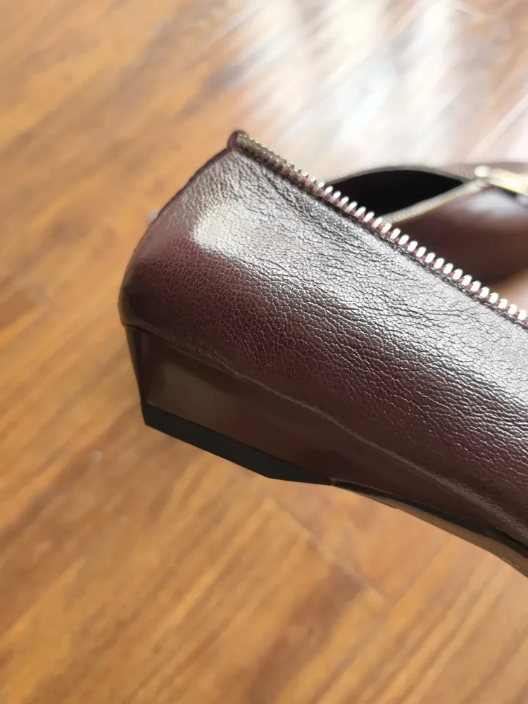 MKKHOU Fashion Pumps New High Quality Genuine Leather Square Head Zipper High Heels Commuter Low Heel Leather Shoes Women