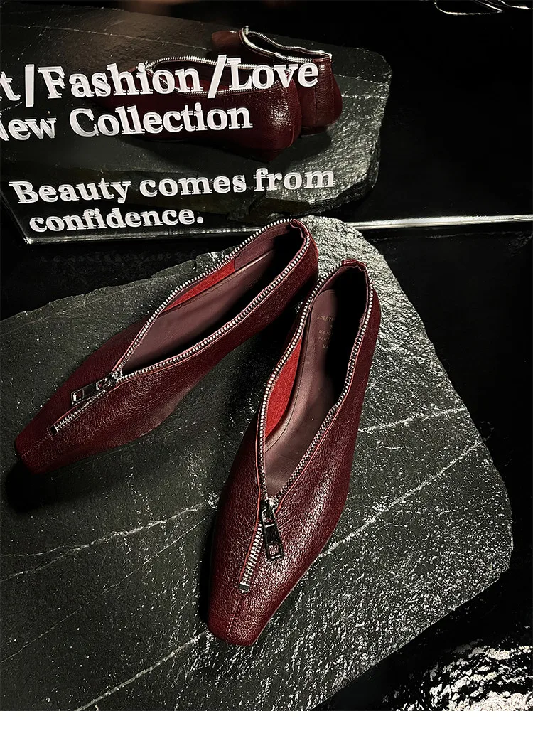MKKHOU Fashion Pumps New High Quality Genuine Leather Square Head Zipper High Heels Commuter Low Heel Leather Shoes Women