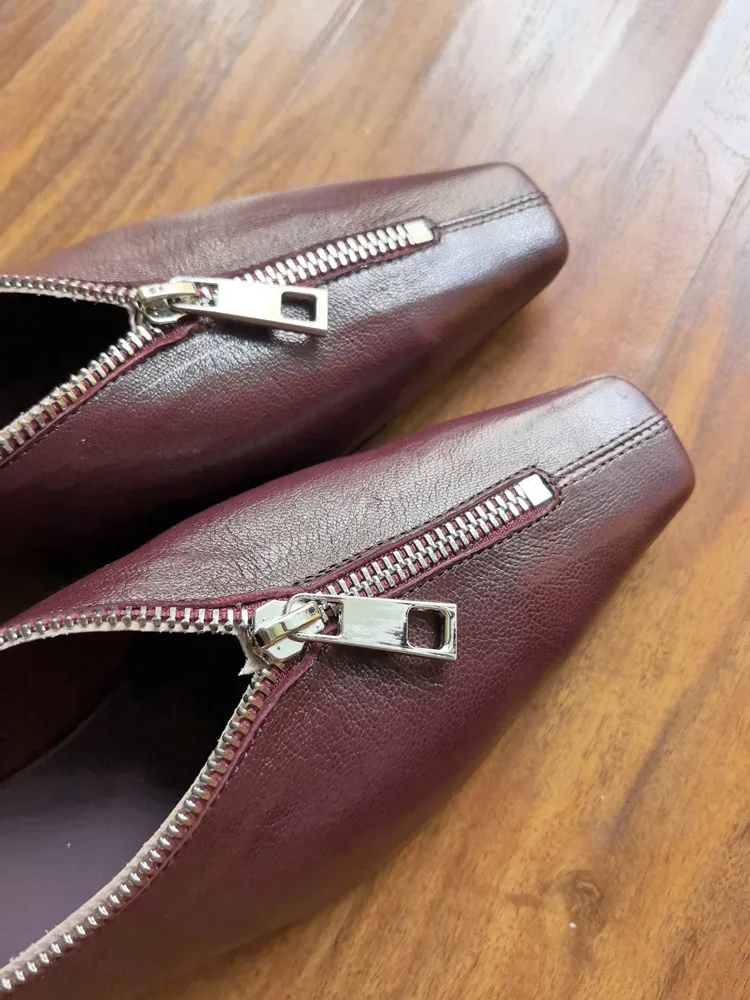 MKKHOU Fashion Pumps New High Quality Genuine Leather Square Head Zipper High Heels Commuter Low Heel Leather Shoes Women