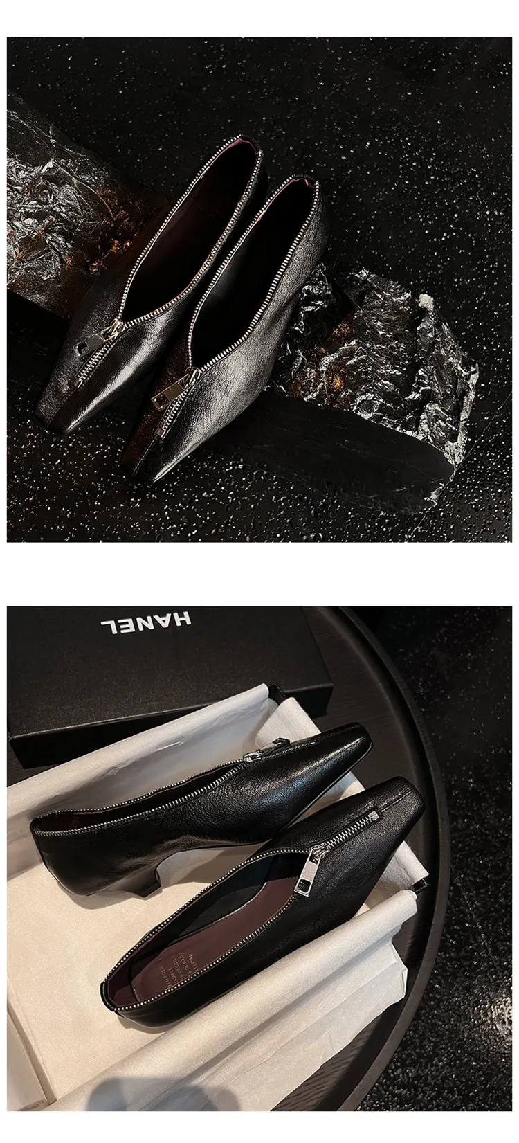 MKKHOU Fashion Pumps New High Quality Genuine Leather Square Head Zipper High Heels Commuter Low Heel Leather Shoes Women