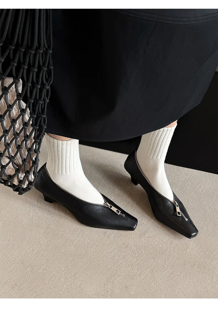 MKKHOU Fashion Pumps New High Quality Genuine Leather Square Head Zipper High Heels Commuter Low Heel Leather Shoes Women