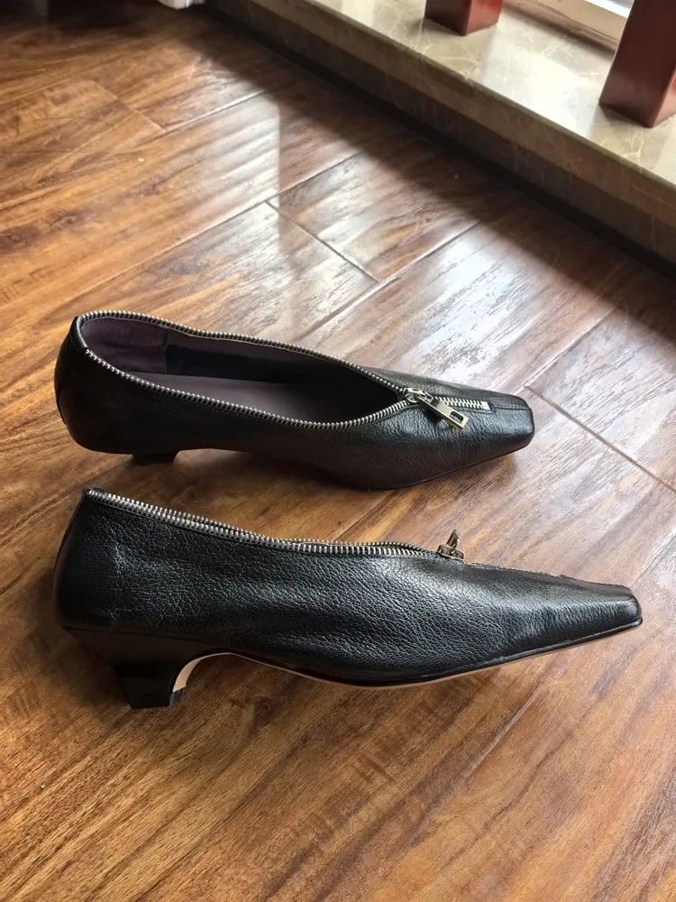 MKKHOU Fashion Pumps New High Quality Genuine Leather Square Head Zipper High Heels Commuter Low Heel Leather Shoes Women