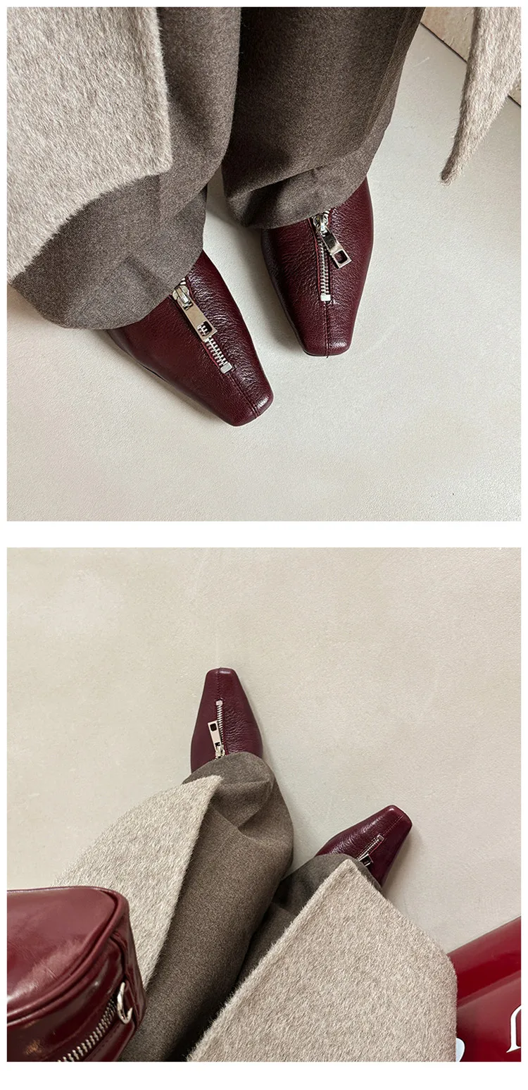 MKKHOU Fashion Pumps New High Quality Genuine Leather Square Head Zipper High Heels Commuter Low Heel Leather Shoes Women