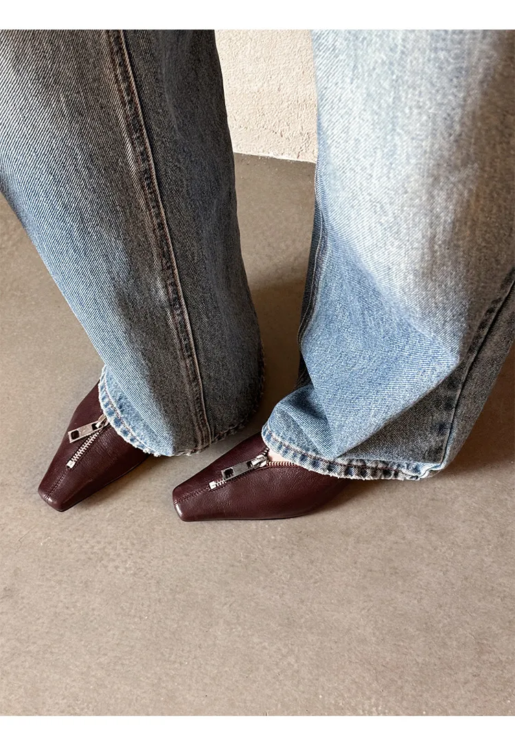 MKKHOU Fashion Pumps New High Quality Genuine Leather Square Head Zipper High Heels Commuter Low Heel Leather Shoes Women