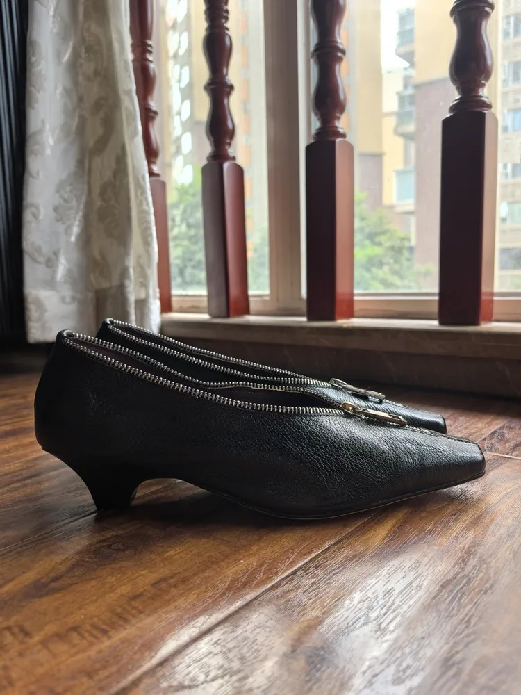 MKKHOU Fashion Pumps New High Quality Genuine Leather Square Head Zipper High Heels Commuter Low Heel Leather Shoes Women