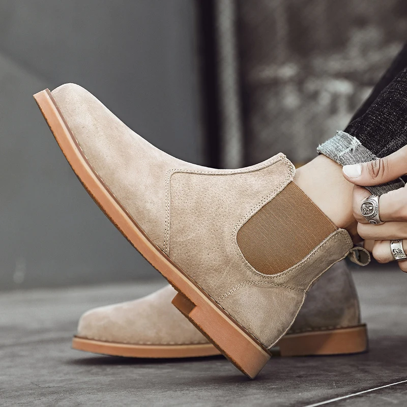 Fashion Suede Desert Boots Men High Top Chelsea Boots Leather Casual Shoes Male Slip on Footwear Low-heel Outdoor Work Boots Man