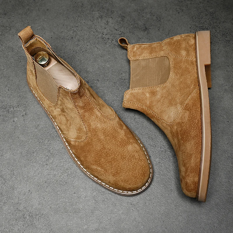 Fashion Suede Desert Boots Men High Top Chelsea Boots Leather Casual Shoes Male Slip on Footwear Low-heel Outdoor Work Boots Man