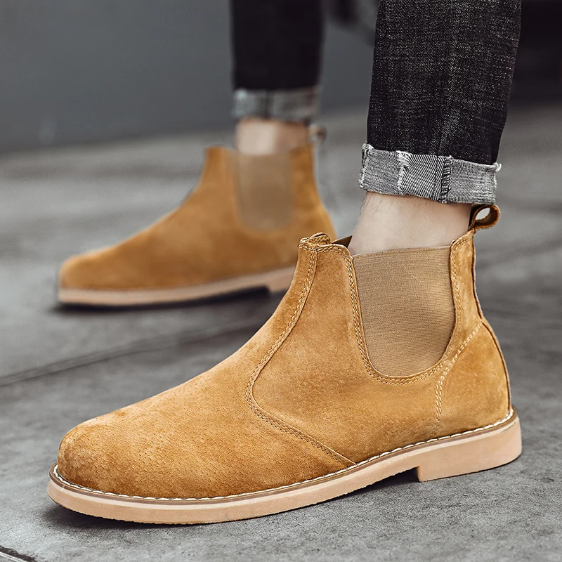Fashion Suede Desert Boots Men High Top Chelsea Boots Leather Casual Shoes Male Slip on Footwear Low-heel Outdoor Work Boots Man