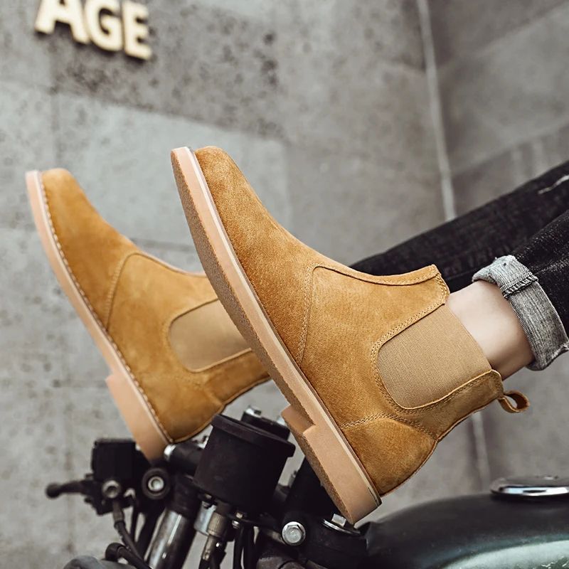 Fashion Suede Desert Boots Men High Top Chelsea Boots Leather Casual Shoes Male Slip on Footwear Low-heel Outdoor Work Boots Man