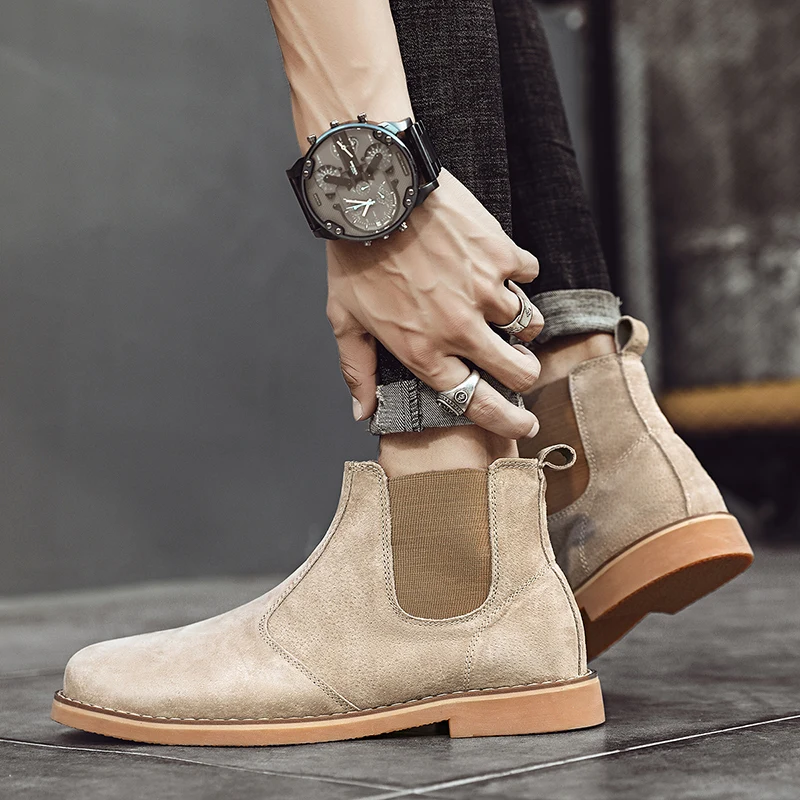 Fashion Suede Desert Boots Men High Top Chelsea Boots Leather Casual Shoes Male Slip on Footwear Low-heel Outdoor Work Boots Man