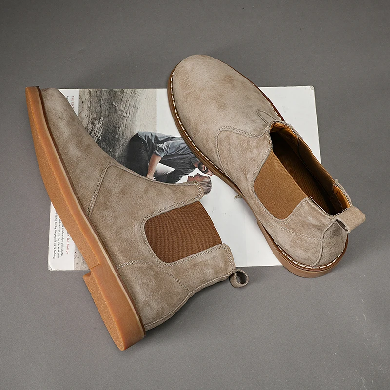 Fashion Suede Desert Boots Men High Top Chelsea Boots Leather Casual Shoes Male Slip on Footwear Low-heel Outdoor Work Boots Man
