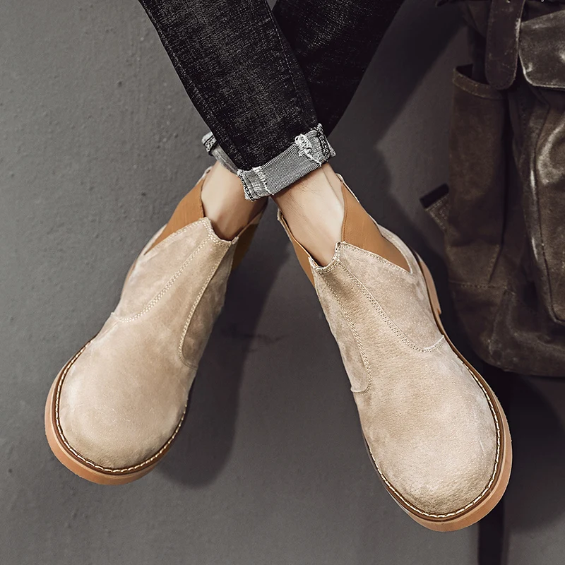 Fashion Suede Desert Boots Men High Top Chelsea Boots Leather Casual Shoes Male Slip on Footwear Low-heel Outdoor Work Boots Man