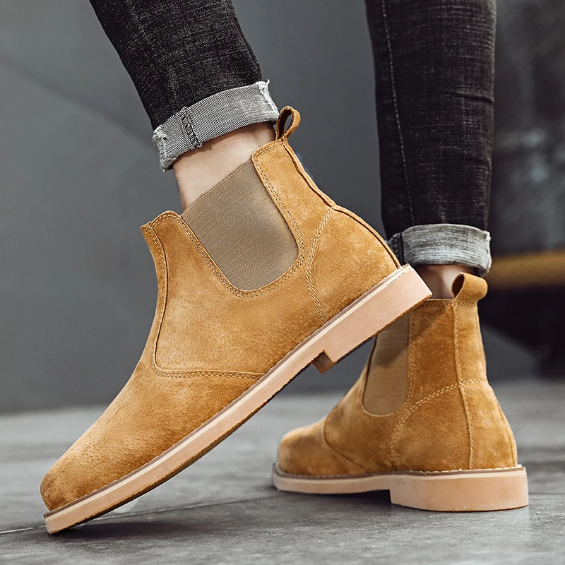 Fashion Suede Desert Boots Men High Top Chelsea Boots Leather Casual Shoes Male Slip on Footwear Low-heel Outdoor Work Boots Man