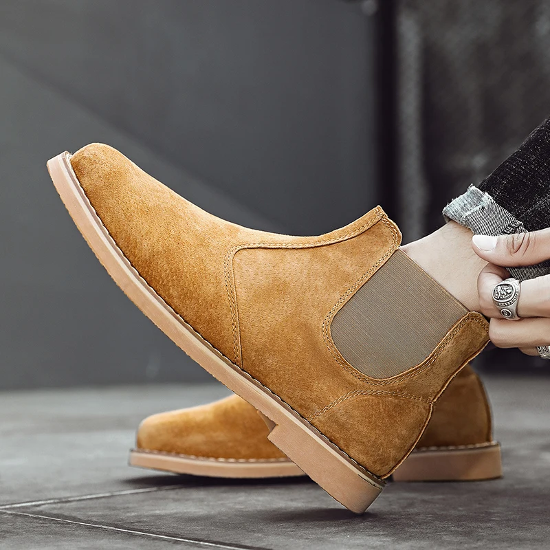 Fashion Suede Desert Boots Men High Top Chelsea Boots Leather Casual Shoes Male Slip on Footwear Low-heel Outdoor Work Boots Man