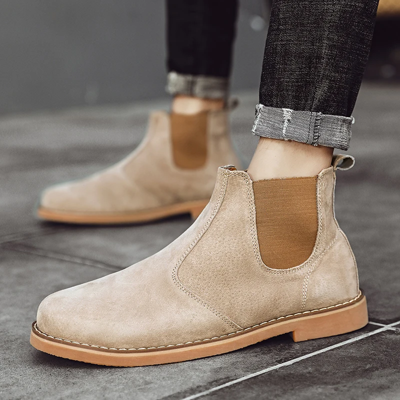 Fashion Suede Desert Boots Men High Top Chelsea Boots Leather Casual Shoes Male Slip on Footwear Low-heel Outdoor Work Boots Man