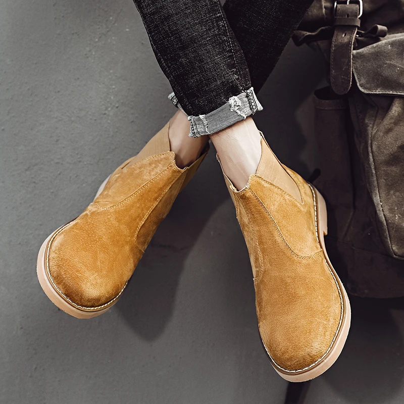 Fashion Suede Desert Boots Men High Top Chelsea Boots Leather Casual Shoes Male Slip on Footwear Low-heel Outdoor Work Boots Man