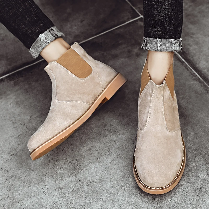 Fashion Suede Desert Boots Men High Top Chelsea Boots Leather Casual Shoes Male Slip on Footwear Low-heel Outdoor Work Boots Man