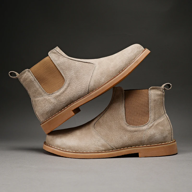 Fashion Suede Desert Boots Men High Top Chelsea Boots Leather Casual Shoes Male Slip on Footwear Low-heel Outdoor Work Boots Man