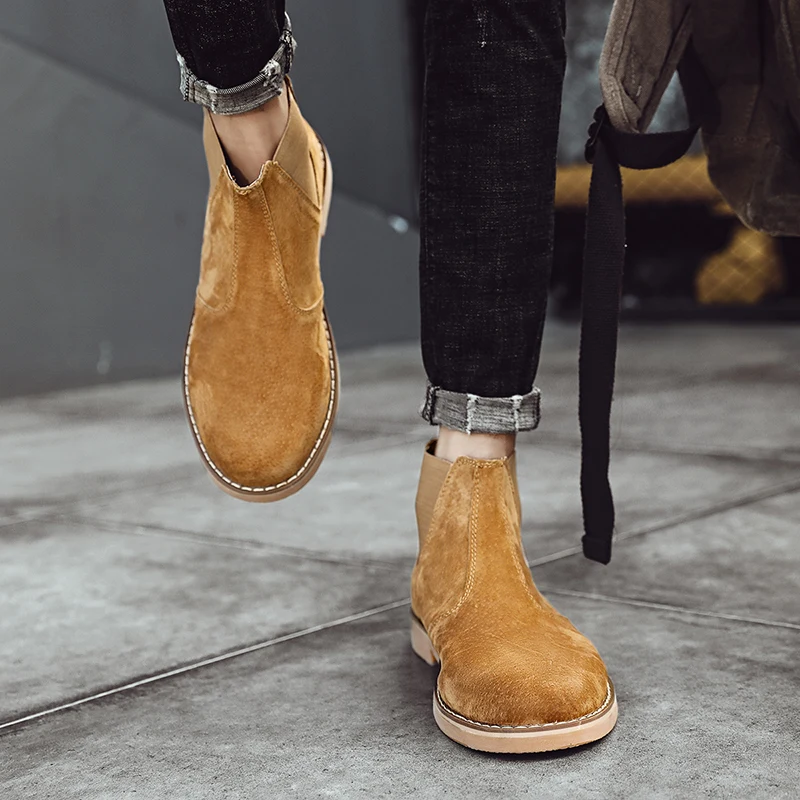 Fashion Suede Desert Boots Men High Top Chelsea Boots Leather Casual Shoes Male Slip on Footwear Low-heel Outdoor Work Boots Man