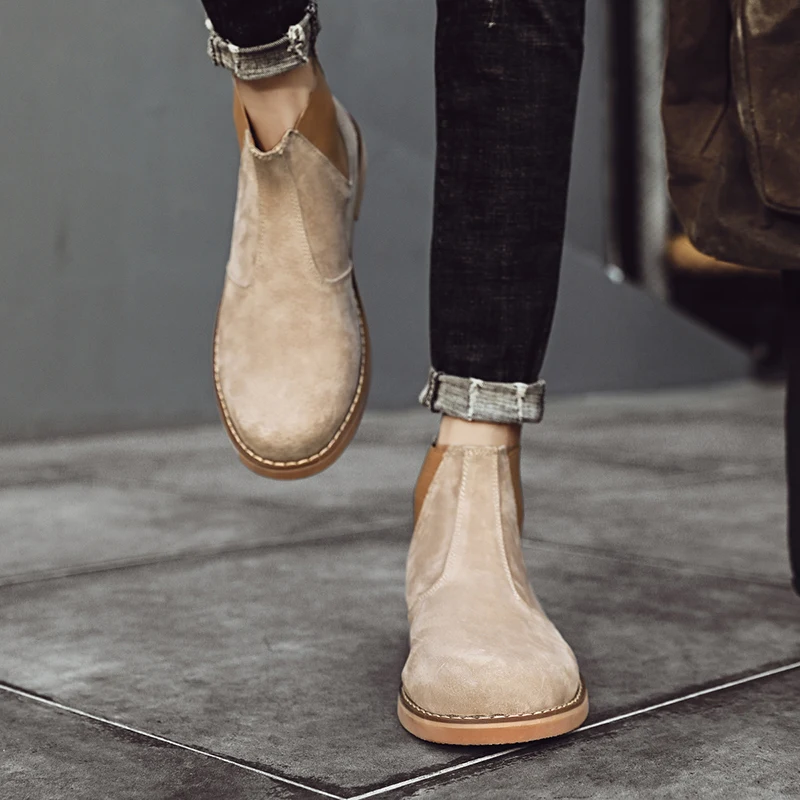 Fashion Suede Desert Boots Men High Top Chelsea Boots Leather Casual Shoes Male Slip on Footwear Low-heel Outdoor Work Boots Man