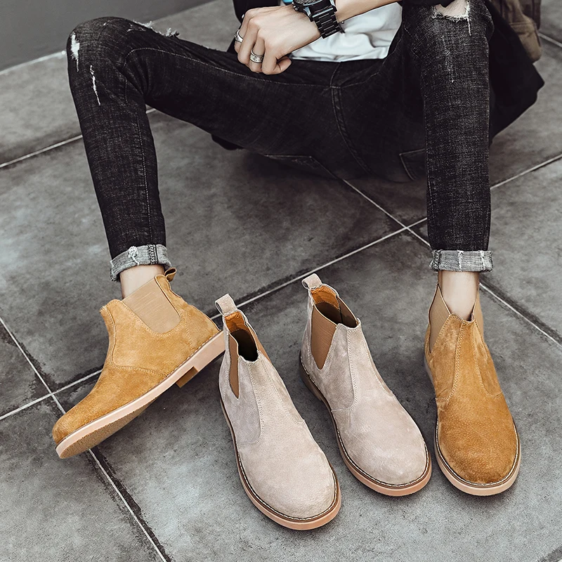 Fashion Suede Desert Boots Men High Top Chelsea Boots Leather Casual Shoes Male Slip on Footwear Low-heel Outdoor Work Boots Man