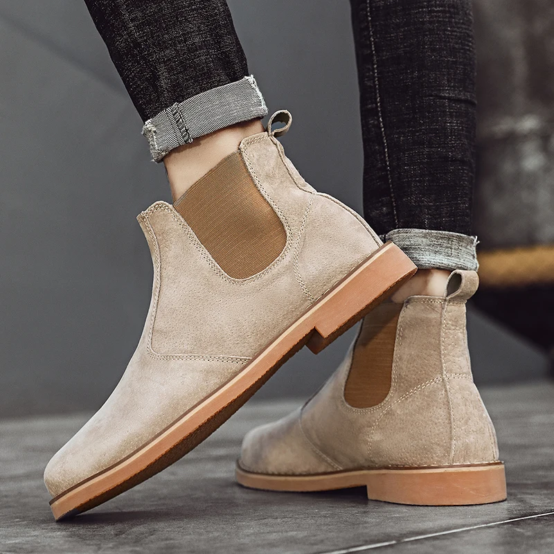 Fashion Suede Desert Boots Men High Top Chelsea Boots Leather Casual Shoes Male Slip on Footwear Low-heel Outdoor Work Boots Man