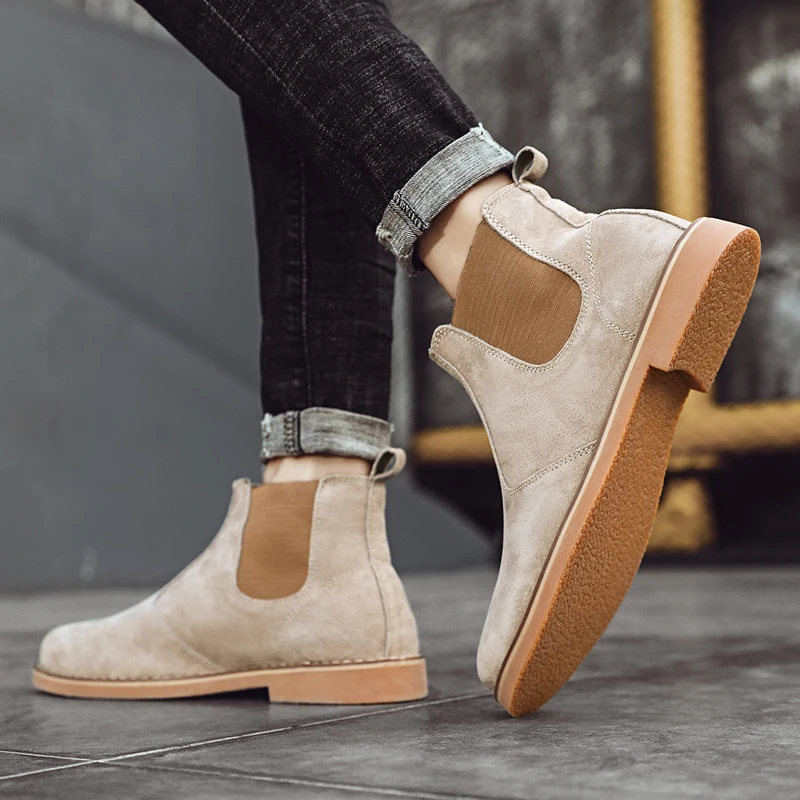 Fashion Suede Desert Boots Men High Top Chelsea Boots Leather Casual Shoes Male Slip on Footwear Low-heel Outdoor Work Boots Man
