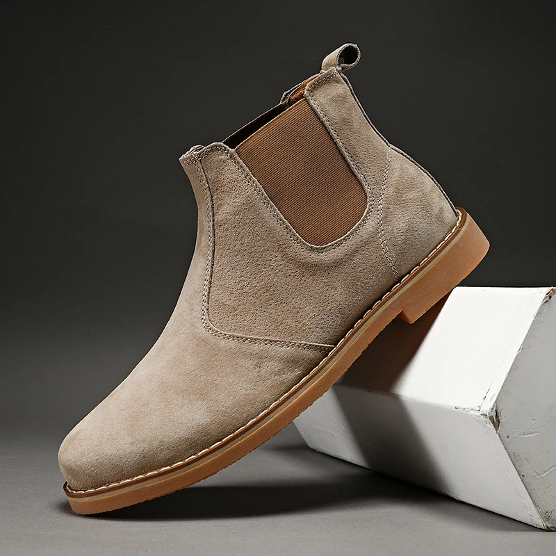 Fashion Suede Desert Boots Men High Top Chelsea Boots Leather Casual Shoes Male Slip on Footwear Low-heel Outdoor Work Boots Man