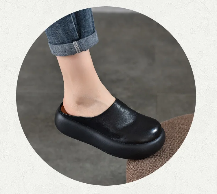 ZXRYXGS Top Cowhide Full Real Leather Slippers Wedges Thick Sole Heighten Shoes 2026 New Summer Round Toe Women Fashion Slippers