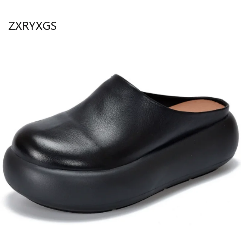 ZXRYXGS Top Cowhide Full Real Leather Slippers Wedges Thick Sole Heighten Shoes 2026 New Summer Round Toe Women Fashion Slippers