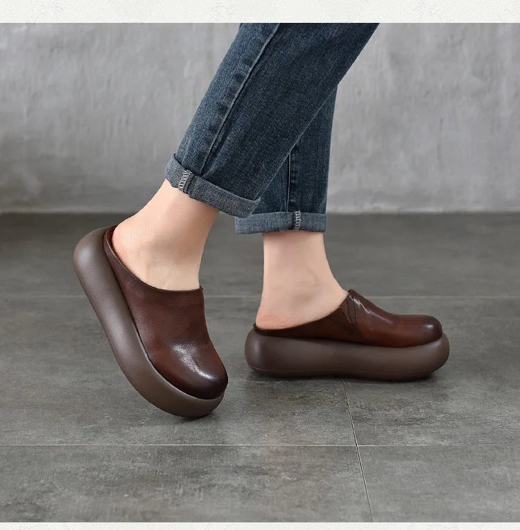 ZXRYXGS Top Cowhide Full Real Leather Slippers Wedges Thick Sole Heighten Shoes 2026 New Summer Round Toe Women Fashion Slippers