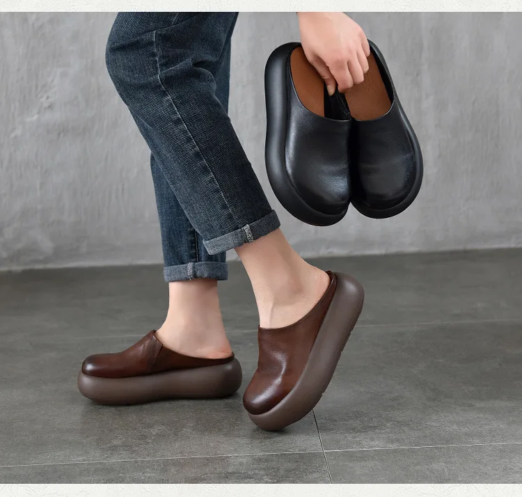 ZXRYXGS Top Cowhide Full Real Leather Slippers Wedges Thick Sole Heighten Shoes 2026 New Summer Round Toe Women Fashion Slippers