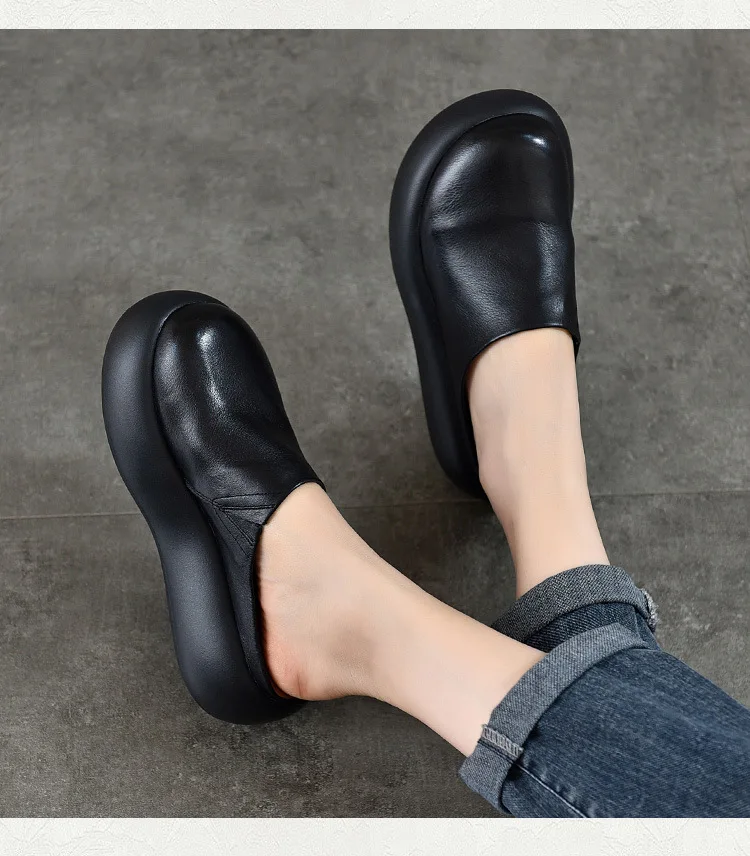 ZXRYXGS Top Cowhide Full Real Leather Slippers Wedges Thick Sole Heighten Shoes 2026 New Summer Round Toe Women Fashion Slippers