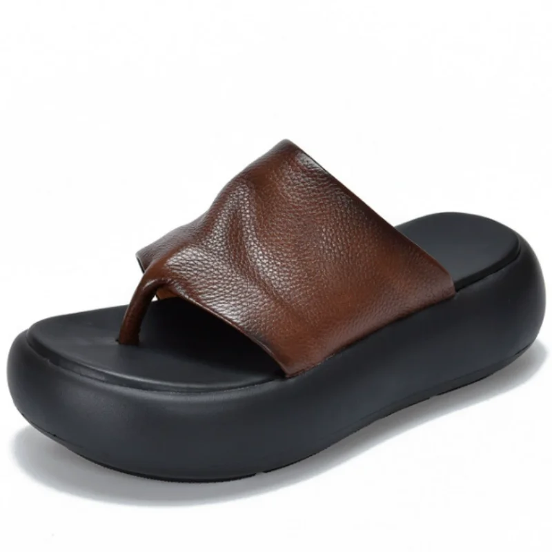 ZXRYXGS Top Cowhide Full Real Leather Slippers Wedges Thick Sole Heighten Shoes 2026 New Summer Round Toe Women Fashion Slippers