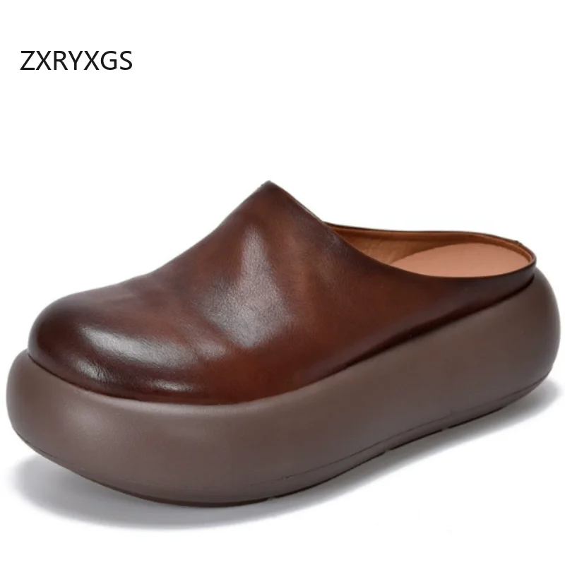 ZXRYXGS Top Cowhide Full Real Leather Slippers Wedges Thick Sole Heighten Shoes 2026 New Summer Round Toe Women Fashion Slippers