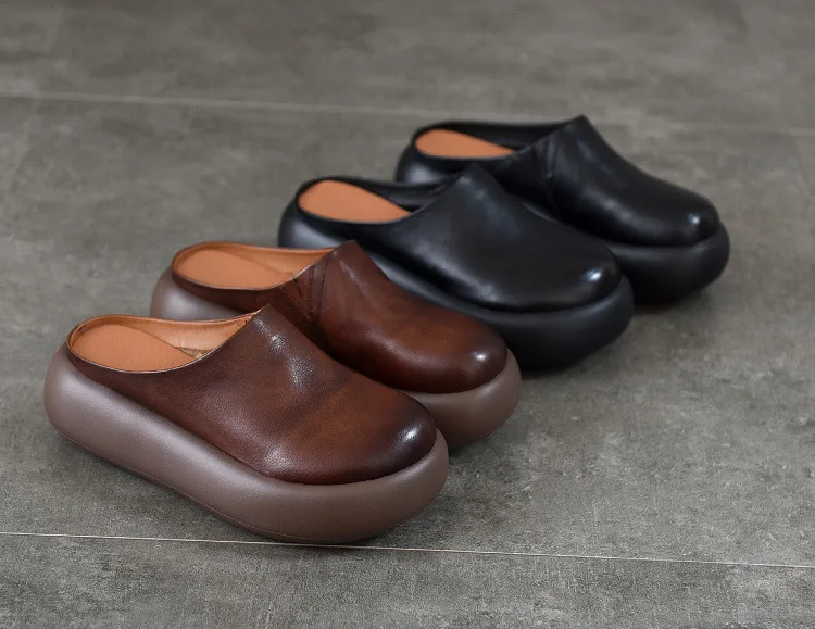 ZXRYXGS Top Cowhide Full Real Leather Slippers Wedges Thick Sole Heighten Shoes 2026 New Summer Round Toe Women Fashion Slippers