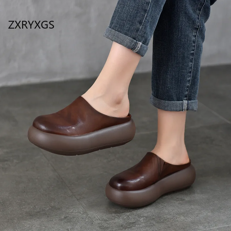 ZXRYXGS Top Cowhide Full Real Leather Slippers Wedges Thick Sole Heighten Shoes 2026 New Summer Round Toe Women Fashion Slippers